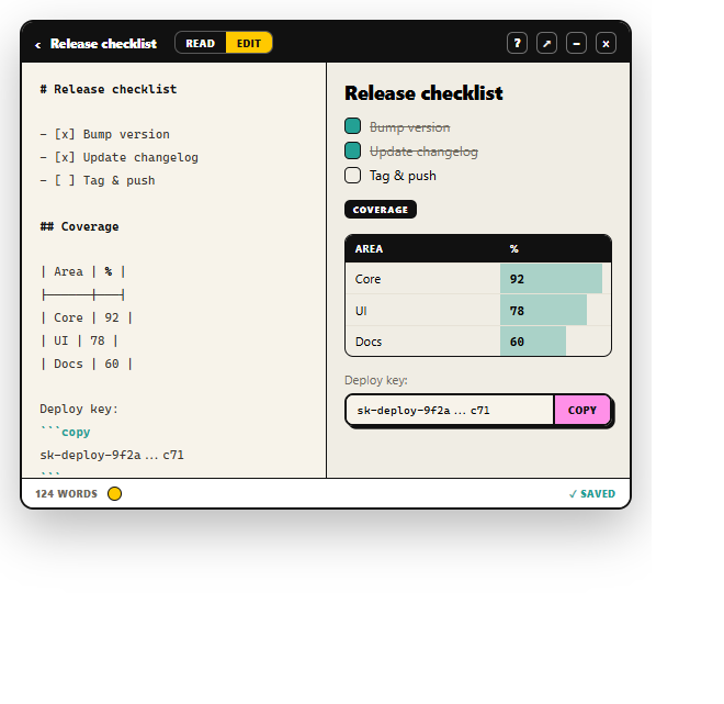 Claude Meter split Markdown notes editor